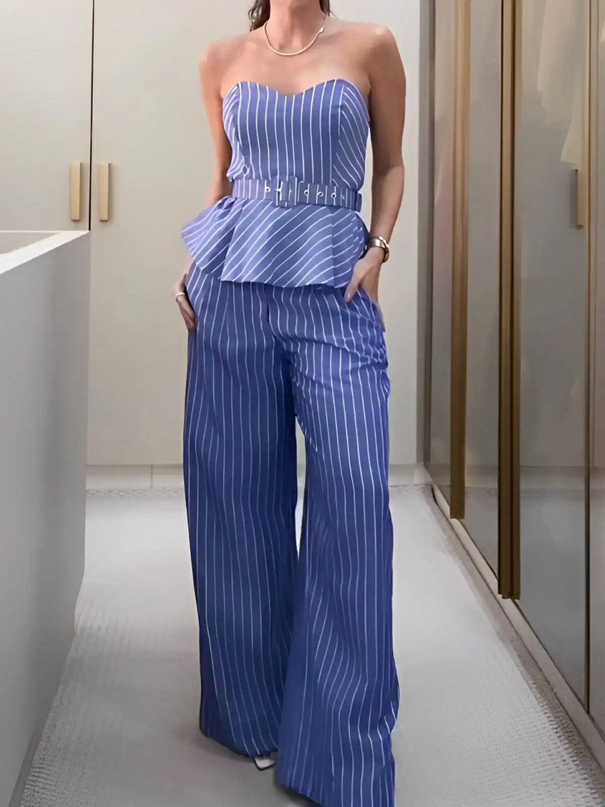 Pinstripe Belted  Wide Leg Pants Suit