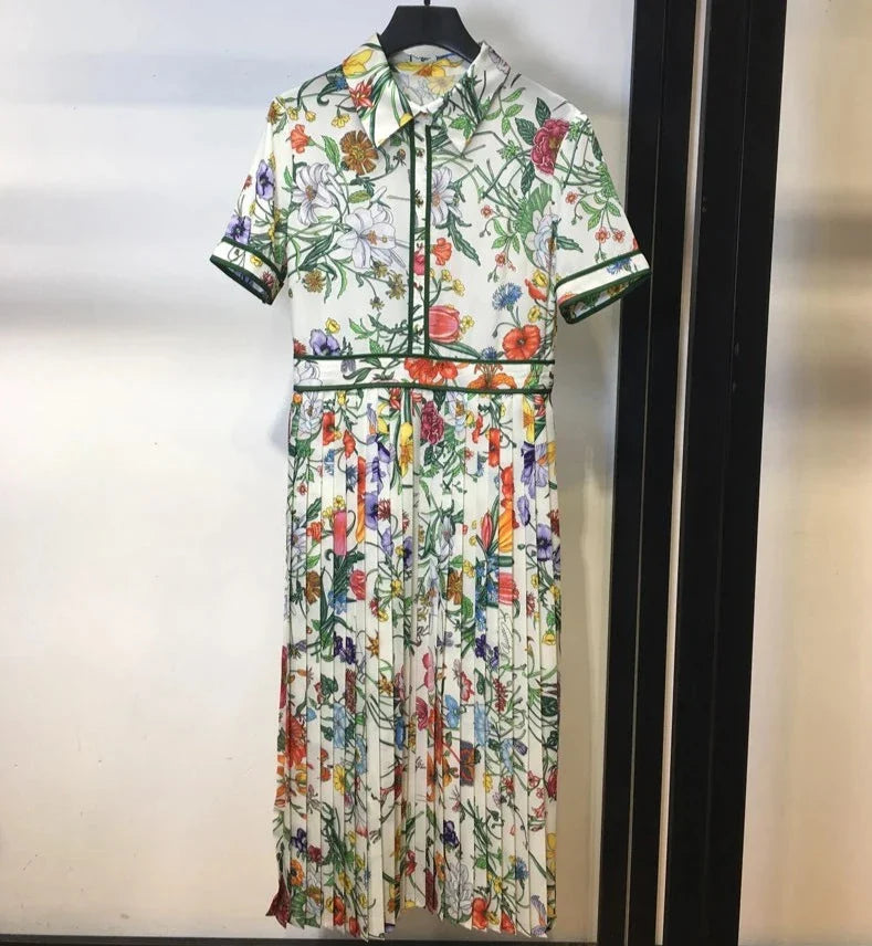 Floral Print Pleated Midi Dress with Turn-Down Collar