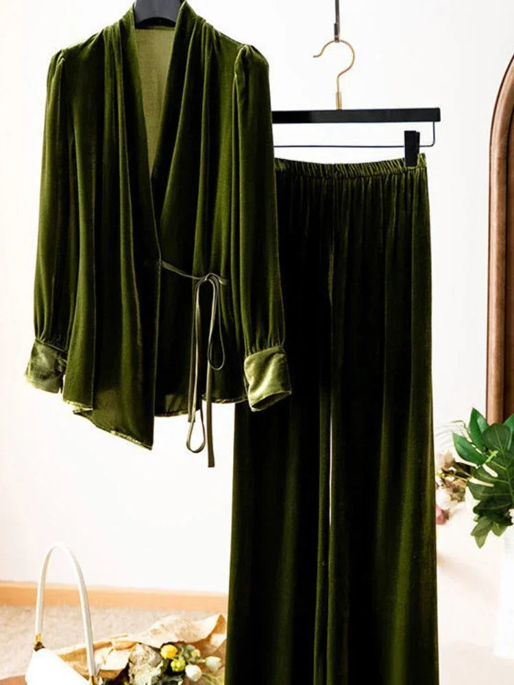 Velvet Two Piece Set - V-neck Wrap Coat with  High Waist  Wide Leg Pant