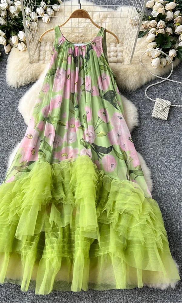 French Vintage Floral Print Dress w/Tulle Embellishment