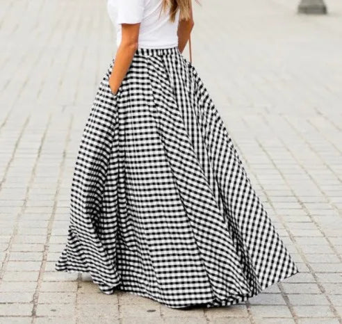 Pleated Bohemian Gingham Print A-Line Maxi Skirt with Pockets