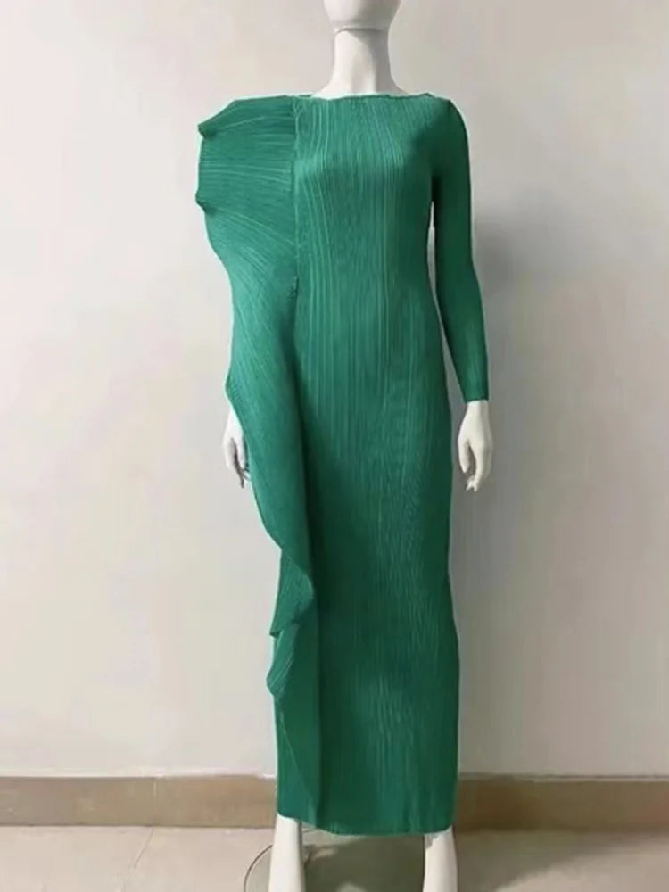 Bright Ruffled Pleated Asymmetrical Dress